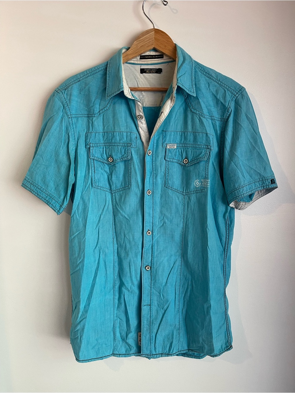 Point Zero Black Label Turquoise Blue Short Sleeve Snap Button Shirt Medium